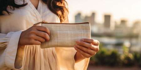 A woman holding a beige purse with a city in the background, AIの素材