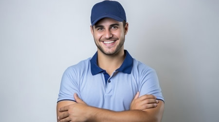 A man in a blue shirt and a blue hat, AIの素材