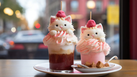 Two desserts with cat faces on top of a plate, AIの素材
