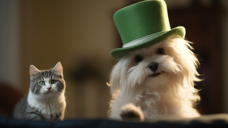 A dog and cat sitting next to each other with a green hat, AIの素材