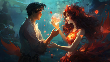 A man and woman in a fantasy world holding hands, AIの素材