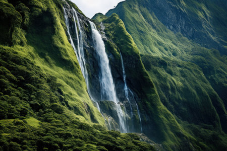 A waterfall cascading down a green mountain side with lush vegetation, AIの素材