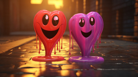 Two heart shaped objects with melting faces on a brick road, AIの素材
