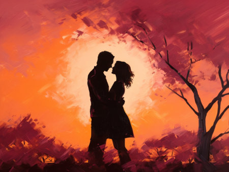 A painting of a couple kissing in front of the sunset, AIの素材