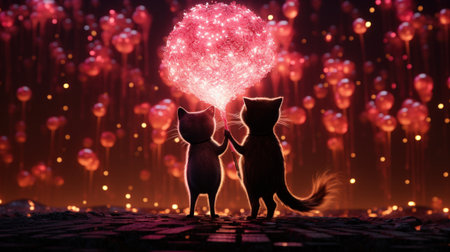 Two cats holding a sparkler in the air with fireworks behind them, AIの素材