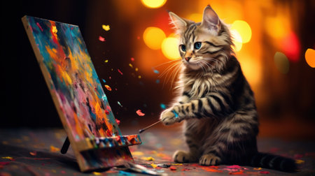 A cat painting on a canvas with paintbrush in hand, AIの素材