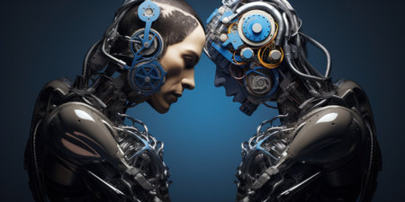 Two robots are facing each other with their heads touching, AIの素材