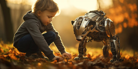 A young boy playing with a robot dog in the fall, AIの素材