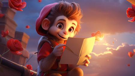A cartoon monkey holding a romance letter and looking at it, AIの素材