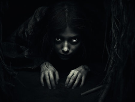 A creepy looking girl crawling in a dark forest with her hands up, AIの素材