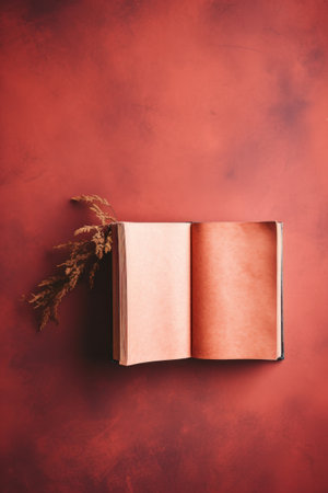 An open book on a red background with some dried grass, AIの素材