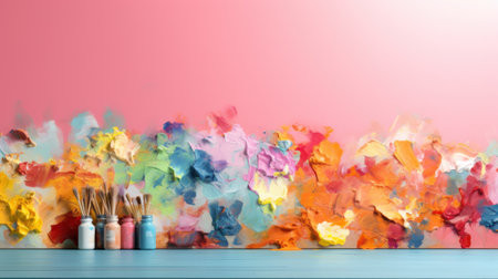 A wall with a colorful painting on it and paint brushes, AIの素材