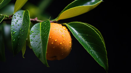 An orange with water droplets on it is hanging from a tree, AIの素材