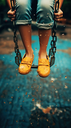 A person swinging on a swing with yellow shoes, AIの素材