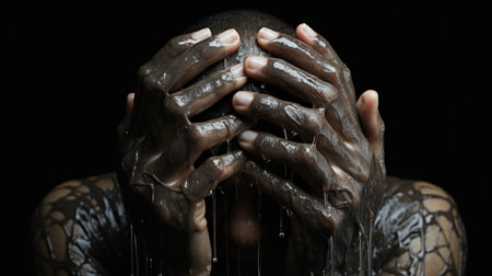 A person covered in chocolate or dirt with their hands over there face, AIの素材