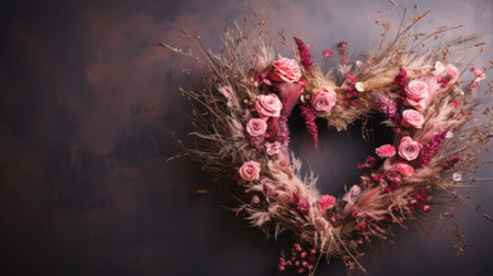 A heart shaped wreath made of dried flowers and grass, AIの素材