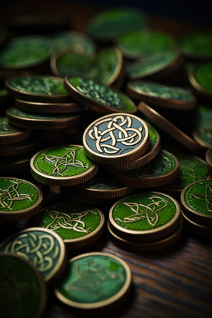 A pile of coins with celtic designs on them sitting next to each other, AIの素材