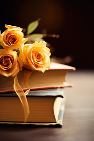 A close up of three books with roses on top and a ribbon, AIの素材
