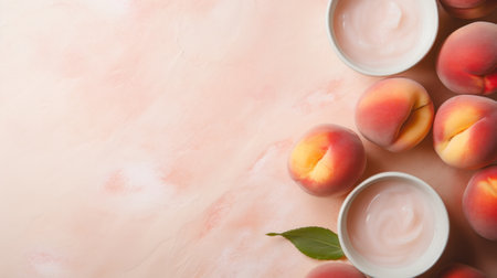 A table with bowls of peaches and a leaf on it, AIの素材