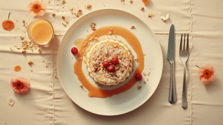A plate of a dessert with fruit and syrup on it, AIの素材