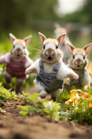 A group of three small rabbits running in a field, AIの素材