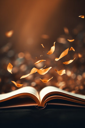 An open book with paper flying out of it and a light shining on the page, AIの素材