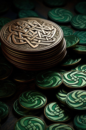 A pile of coins with a celtic design on them, AIの素材