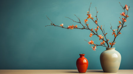 A vase with a branch of flowers and two small red vases, AIの素材