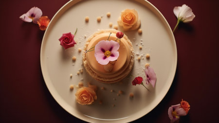 A plate with a small cake and some flowers on it, AIの素材
