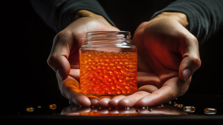 A person holding a jar of red caviar in their hands, AIの素材