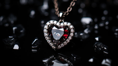 A heart shaped diamond necklace with a red stone in the middle, AIの素材