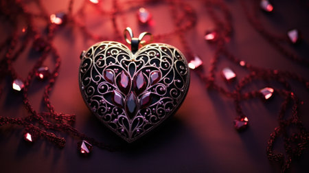 A heart shaped pendant with a chain and red beads, AIの素材