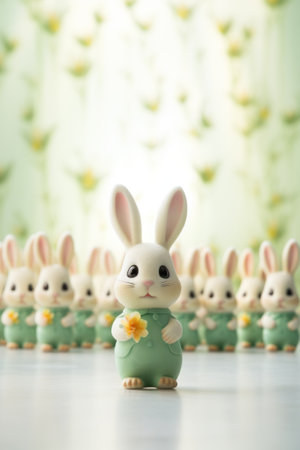 A bunch of little white rabbits with green outfits and a yellow flower, AIの素材