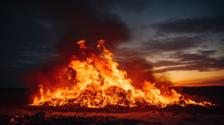 A large bonfire is burning in the sky at night, AIの素材