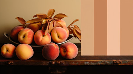 A bowl of peaches on a table next to some other fruit, AIの素材