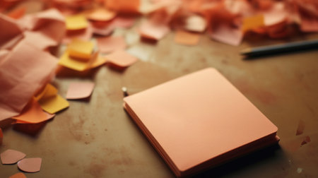 A pile of paper confetti on a table with an orange notebook, AIの素材