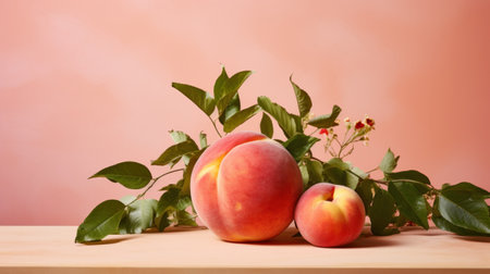 Two peaches and a leaf on top of a table, AIの素材
