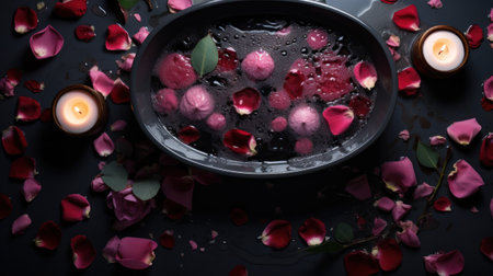A bowl of water with rose petals floating in it and candles, AIの素材