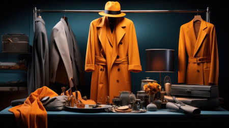 A display of a mans suit and hat on top of clothes, AIの素材