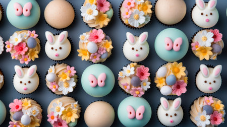 A large number of cupcakes with bunny ears and flowers, AIの素材