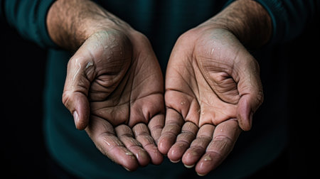 A man holding his hands out with water dripping from them, AIの素材