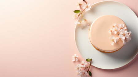 A white plate with a cake on it and some flowers, AIの素材