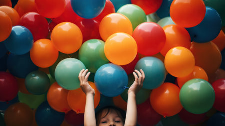A child holding a bunch of balloons in the air, AIの素材
