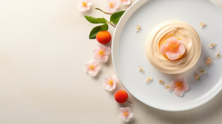 A white plate with a cream and fruit on it, AIの素材