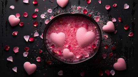 A bowl of pink liquid with hearts floating in it, AIの素材