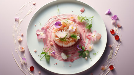 A plate of a fancy looking dessert with flowers and other decorations, AIの素材