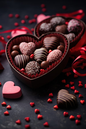 A heart shaped boxes filled with chocolates and hearts, AIの素材
