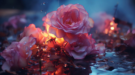 A bunch of pink roses are sitting in water with some leaves, AIの素材