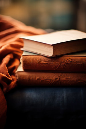 A stack of books on a table with an orange blanket, AIの素材