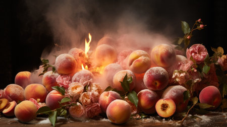 A pile of peaches and flowers on a table with flames, AIの素材